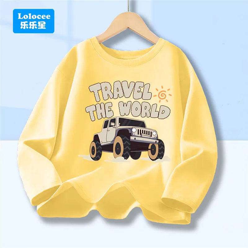 Off Road Cartoon Car Print Graphic T-shirt Tops for Boys, Spring Autumn Children's Long Sleeve Pickup Truck Tees YYPK1