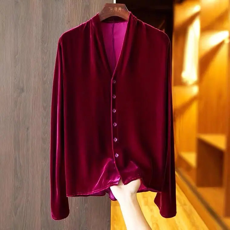 2026 Spring Autumn Golden Velvet Long Sleeve Plus size V-neck Button Cardigan Women Vintage Elegant Blouse Fashion velour Shirt