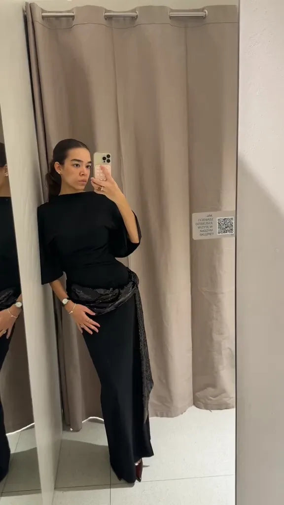 Elegant Sequin Patchwork Belt Long Dress Women Half Sleeve Slim Backless Party Black Dresses 2026 Spring Chic Lady Evening Gowns