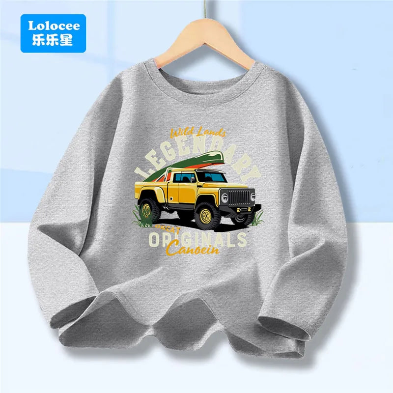 Off Road Cartoon Car Print Graphic T-shirt Tops for Boys, Spring Autumn Children's Long Sleeve Pickup Truck Tees YYPK1