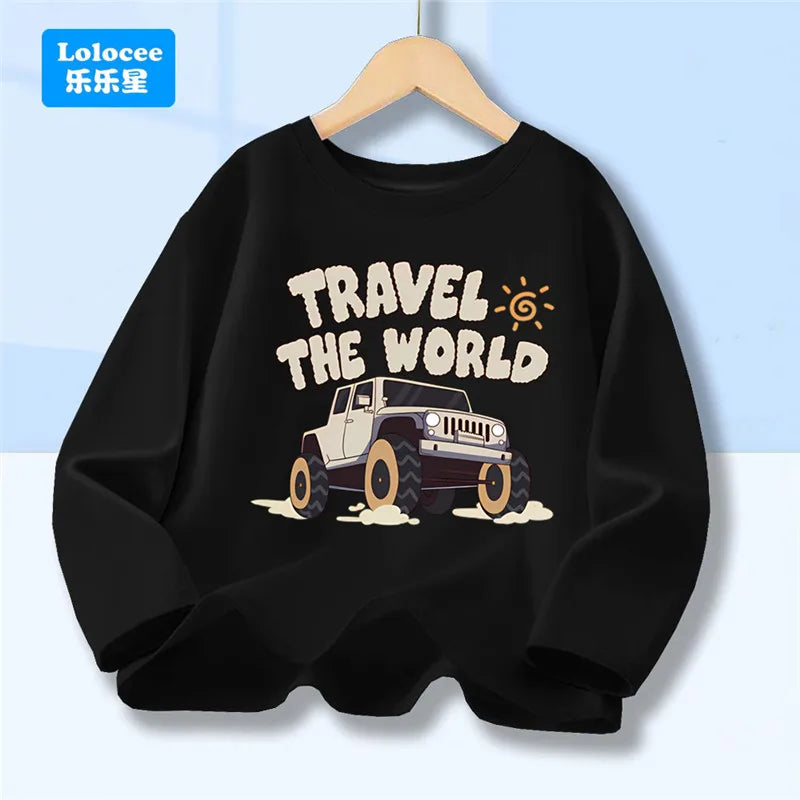 Off Road Cartoon Car Print Graphic T-shirt Tops for Boys, Spring Autumn Children's Long Sleeve Pickup Truck Tees YYPK1