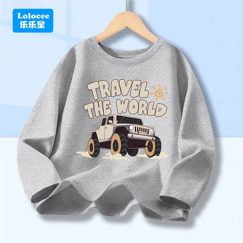 Off Road Cartoon Car Print Graphic T-shirt Tops for Boys, Spring Autumn Children's Long Sleeve Pickup Truck Tees YYPK1