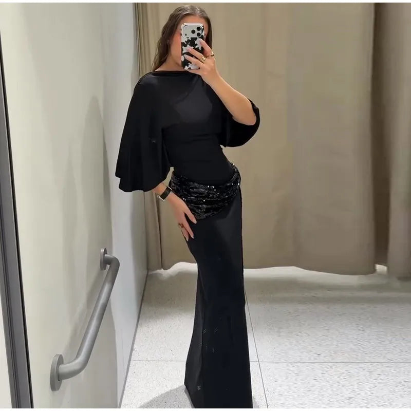 Elegant Sequin Patchwork Belt Long Dress Women Half Sleeve Slim Backless Party Black Dresses 2026 Spring Chic Lady Evening Gowns